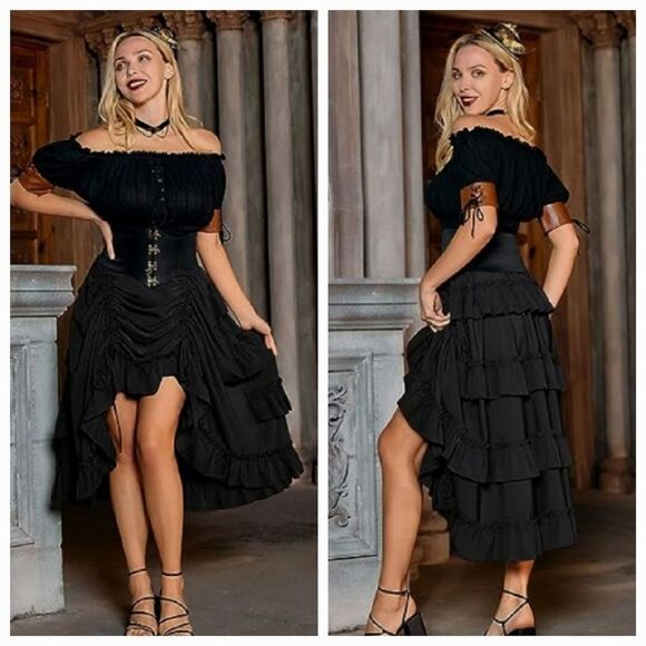 🩵NWT Black Adjustable Hi-Low Ruffled Steampunk Skirt Small - Picture 1 of 11